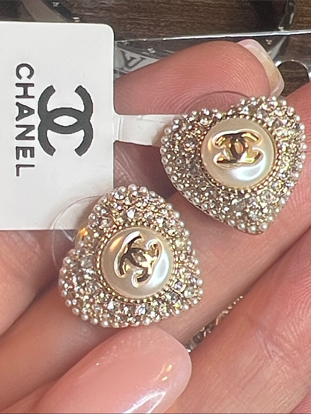 Heart Logo Crystal Stud Earrings in Gold and White - Picture 3 of 7